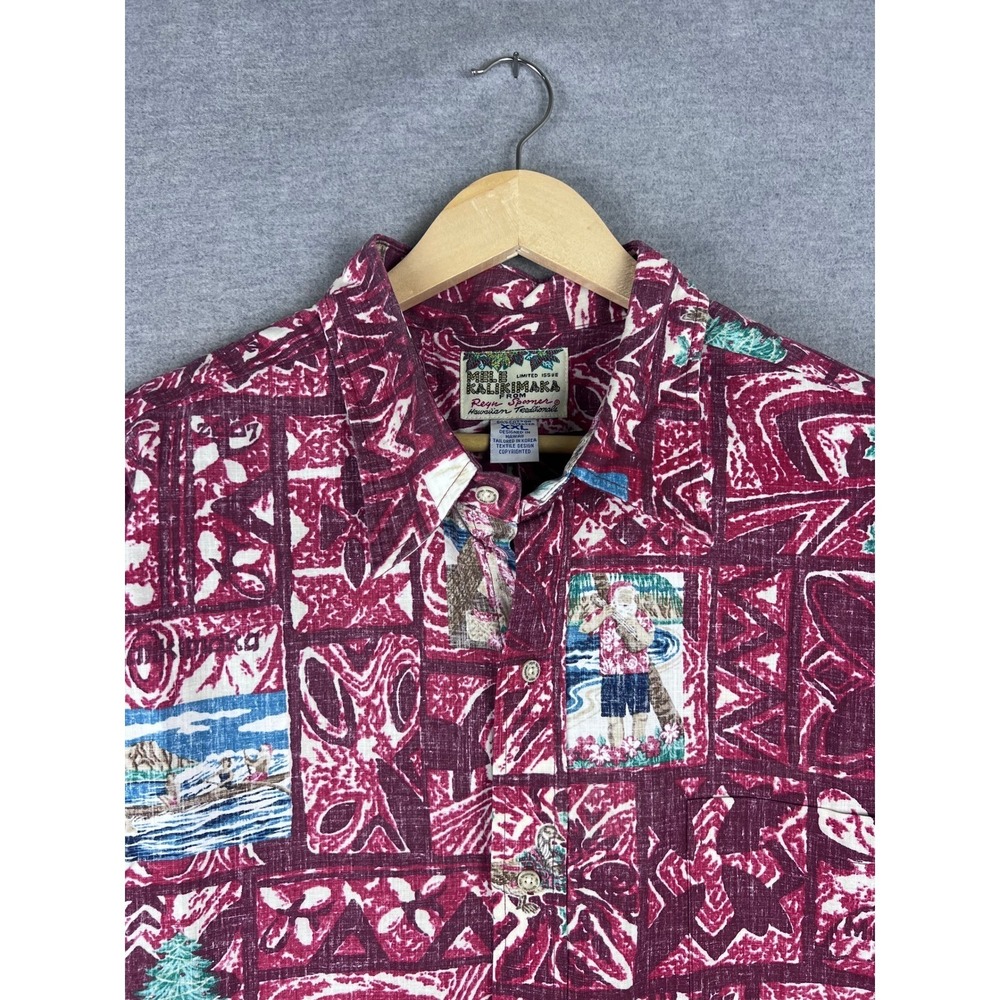 Reyn Spooner Mele Kalikimaka Christmas Hawaiian Shirt Mens XXL Burgundy Santa‎
